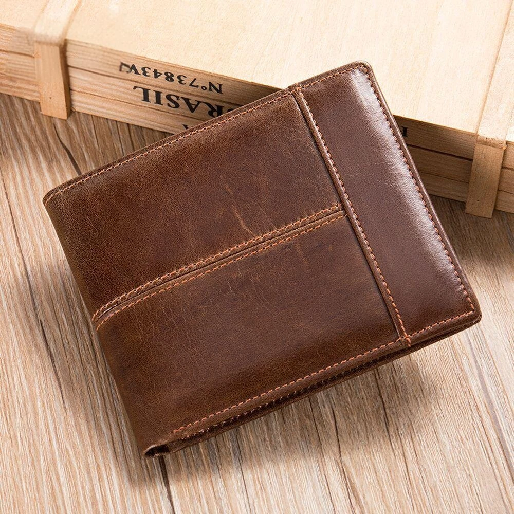 (image for) Ekphero Men's Retro Genuine Leather Short Wallet RFID Blocking Horizontal Money Clip Multi-card Slot Card Holder Anti-theft Brush Coin Purse